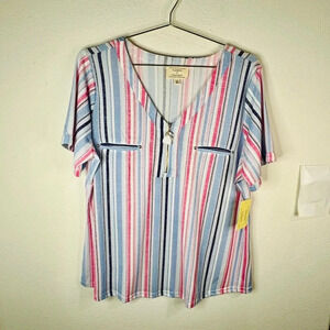 Flower & Feather Multi Colored Stripe Short Sleeve Zipper Front Top Plus Size 2X